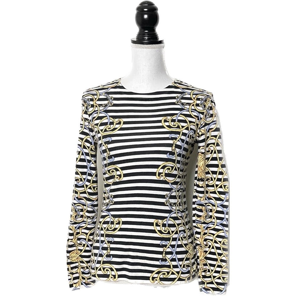 J McLaughlin XS Chain Print Stripe Crew Neck Sweater Long Sleeve Black White Top